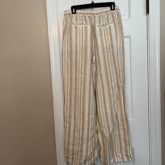 Faherty Monterey Linen Wide Leg Pants Tan Stripe Elastic Waist - M - Picture 7 of 9